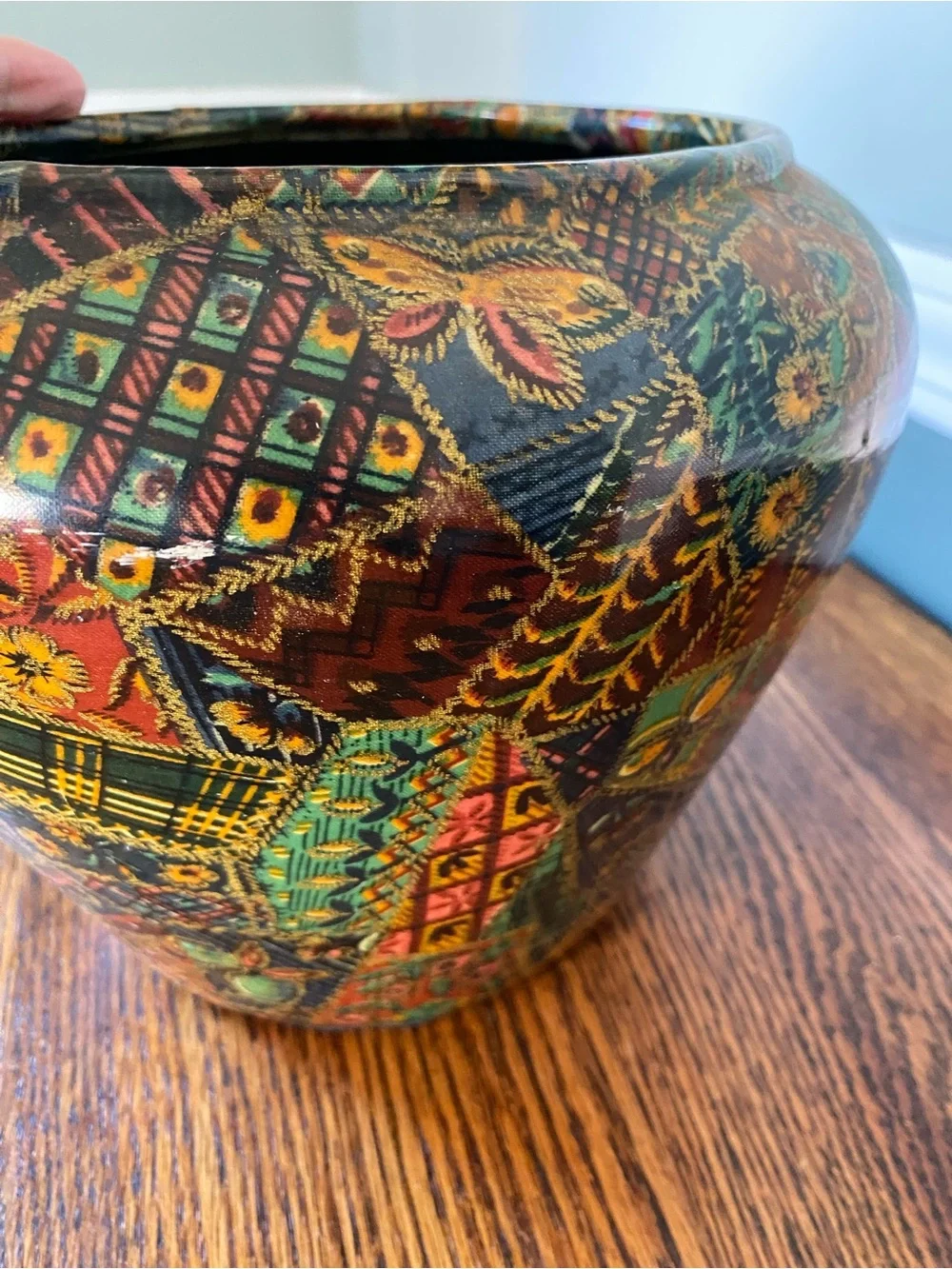 Vintage Multicolor Patchwork Floral Design Vase Colorful Boho Folk Art Vase - Picture 12 of 17